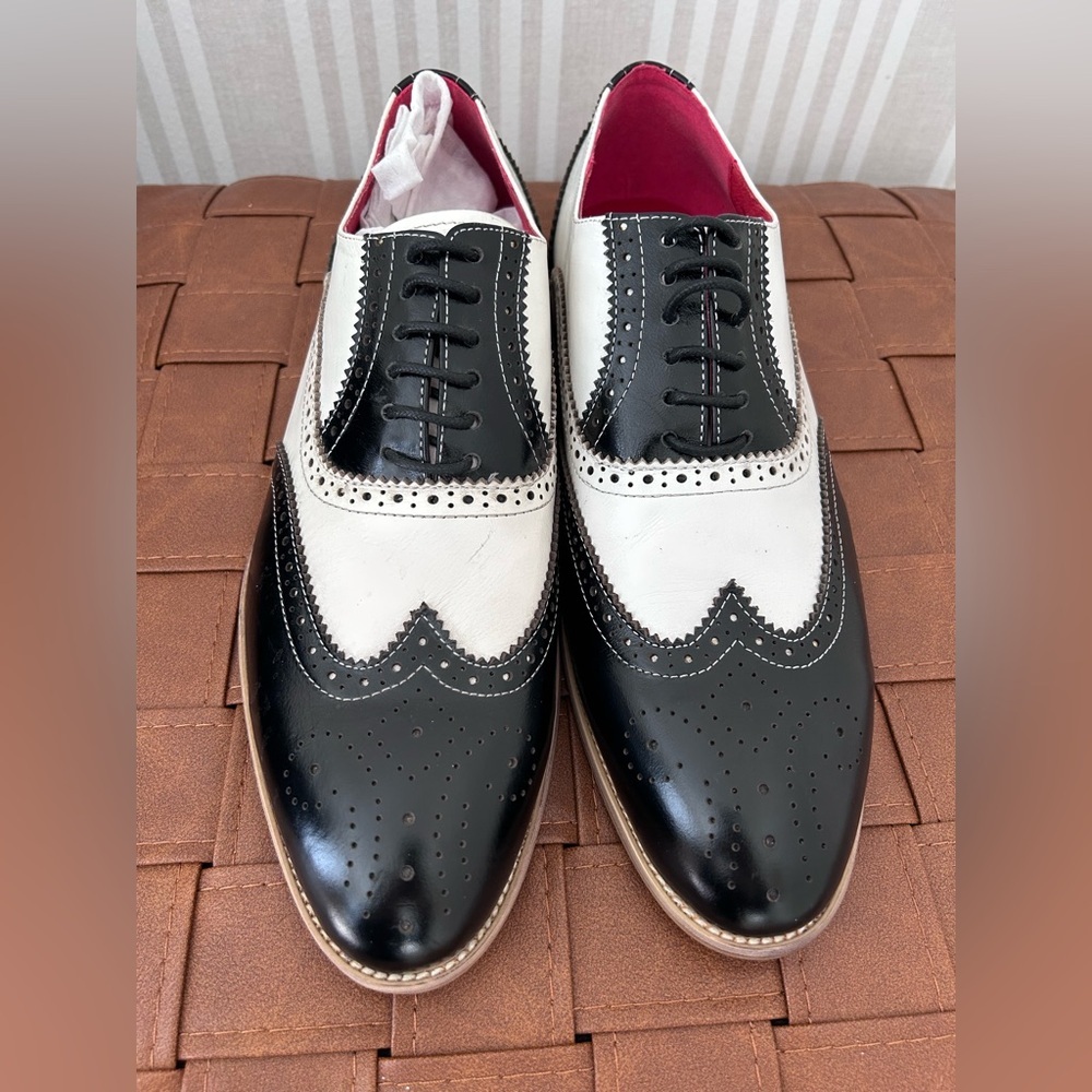 Fiesso FI-7400 Black/White Leather Wingtip Oxfords Men’s Size 42/ US 9 - Picture 2 of 9